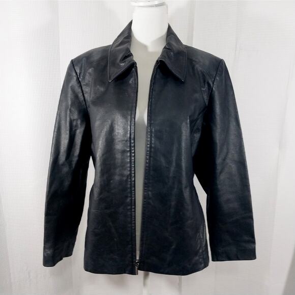 WORTHINGTON! SLEEK BLACK GENUINE LEATHER HIDDEN FRONT POCKET JACKET COAT! SZ PXL - Picture 4 of 12